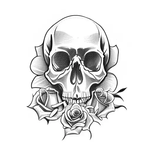 A Skull Postioned To The Right With A Rose Growing Out Of It's Left Eye