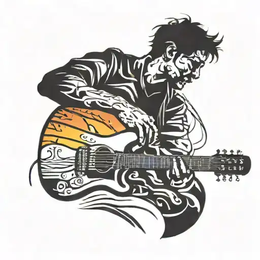 A Silhouette Of A Person Playing A Guitar Against A Backdrop Of A Colorful Sunset