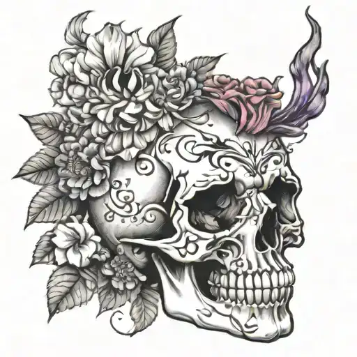 A Detailed Drawing Of A Skull With Vibrant Flowers Bursting From Its Eye Sockets