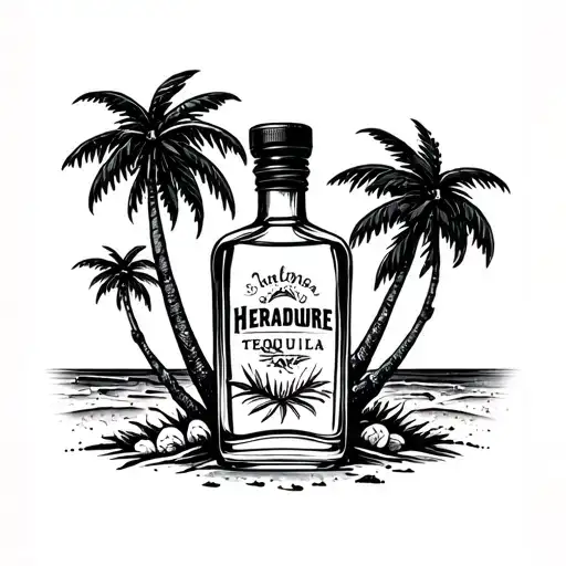 Heradure Tequila Bottle On The Beach With 3 Palm Trees Behind