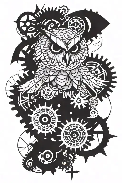 Owl Surrounded Gears Geometric Shapes Compass Rose Intertwined Skull