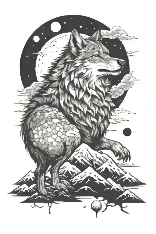Wolf Howling At The Moon Phases Forming The Shape Dragon Emerging