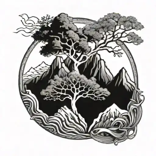 Tree Of Life Growing Amidst Mountains In A Circle