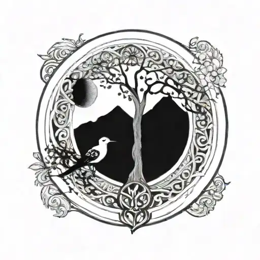 Tree Of Life With Mountains In A Circle Small Birds On Outside
