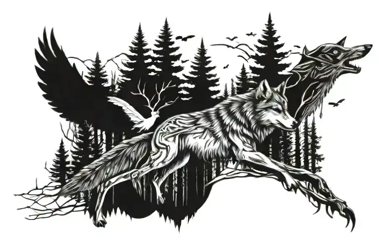 Tattoo Sketch In Black And White Style Forest Trees Gothic Style Wolf Birds Flying