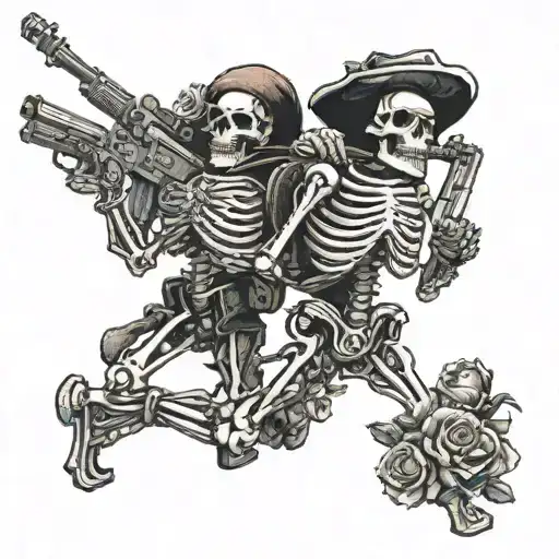 A Skeleton Army Marching With Guns And Roses In Hand