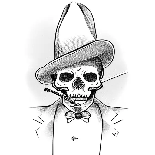 A Skeleton In A Suit With A Hat And A Cigar Leans Against The Wall And A Cane