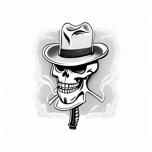 A Skeleton In A Suit With A Hat And A Cigar Leans Against The Wall And A Cane