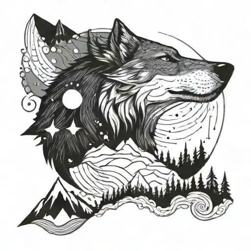 Wolf Profile Surrounded By Mountains And Planets
