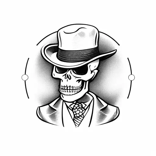 A Full Body Skeleton In A Suit With A Hat And A Cigar Leans Against The Wall And A Cane