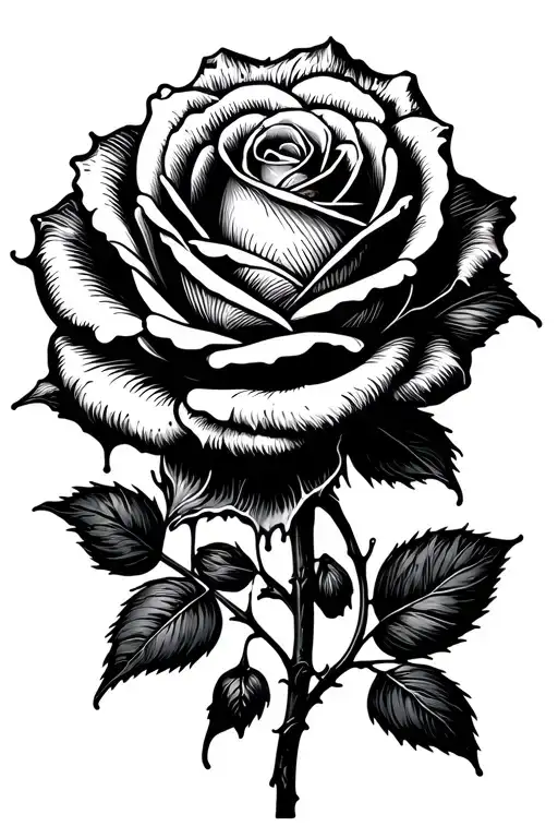 A Rose In Woodcut Style Melting Into Oil Slick