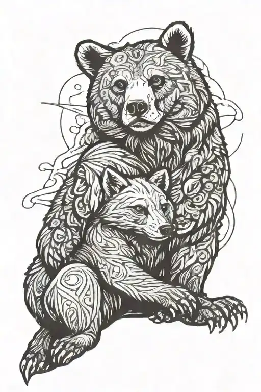 Bear Resting With Fox Sat On His Head