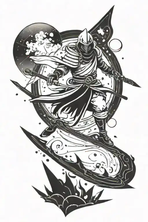 A Futuristic Space Samurai Sailing On A Cosmic Sea