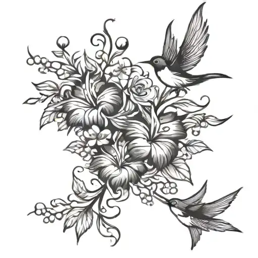 Vine Flower With Swallows Flying Away