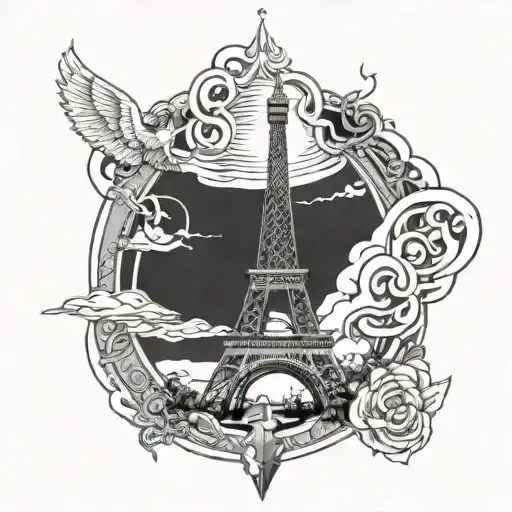 Eiffel Tower With Lightning And An Angel Sitting Atop