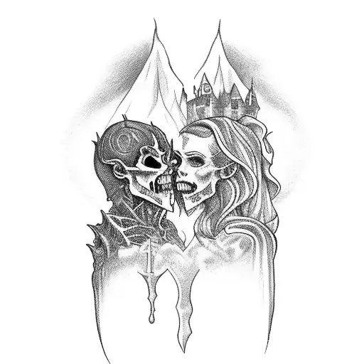 Back Tattoo With A Vampire Who Bites A Woman In A Cemetery With A Vampire Castle In The Background