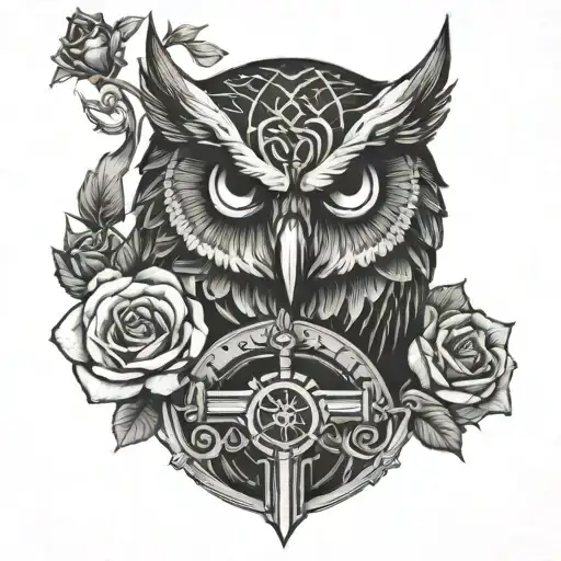 A Dark And Mysterious Tattoo Of An Owl In A Torture Device Surrounded By Roses