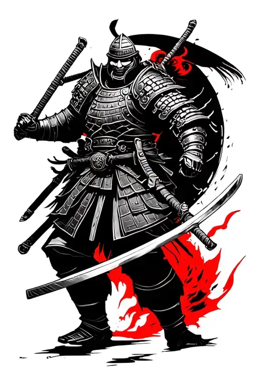 Samurai Full Armor Wielding Two Swords Black And White With Little Red
