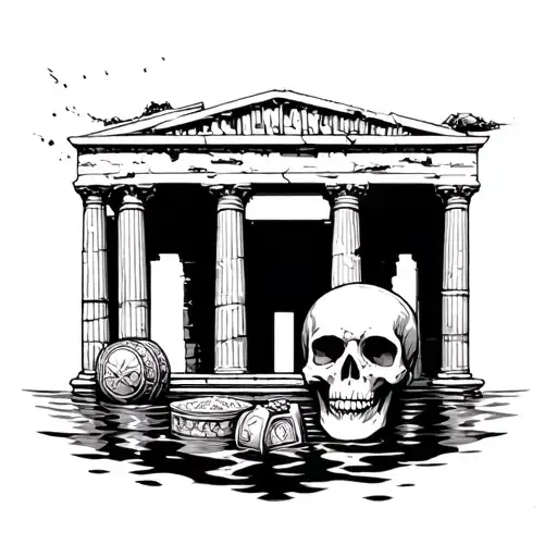 Greek Temple Under Water With A Treasure And A Skull Seating Next To It