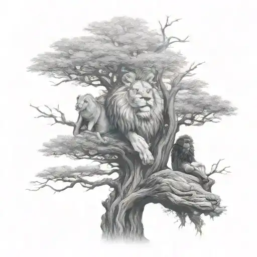 Big Tree With A Human Sitting On The Branch And A Lion In The Tree Crown
