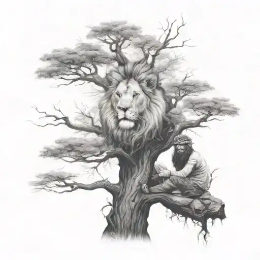 Big Tree With A Men Sitting On The Branch And A Lion In The Tree Crown