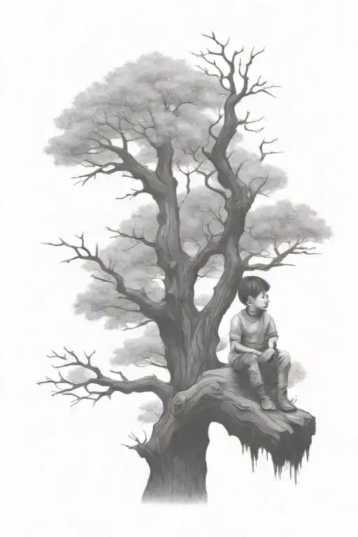 A Little Boy Sitting On Branch Of A Big Tree