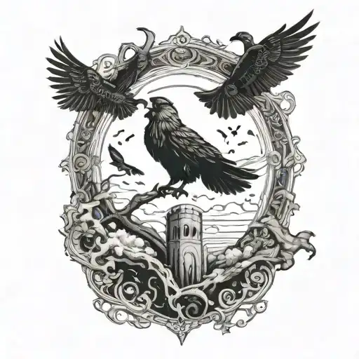 Norse Mythology Scene With Odin And Ravens Flying Towards