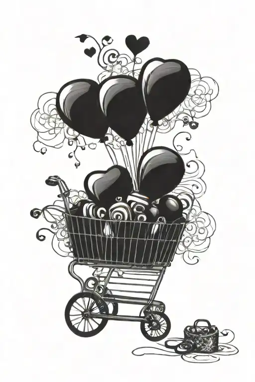 Shooping Cart And Black Baloons And A Heart And A Key And A Lock