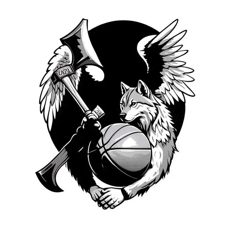Grey Wolf With Angel Wings Holding A Indian Tomahawk With A Paw On A Basketball