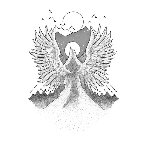 Road With Trees Leading To Mountain With Angel Wings