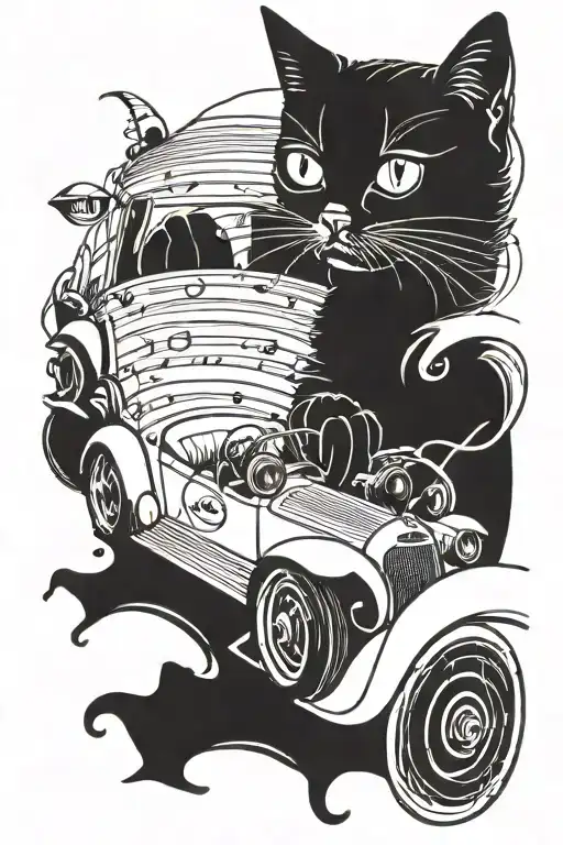 A Sleek Black Cat Driving A Vintage Car With Music Notes Trailing Behind