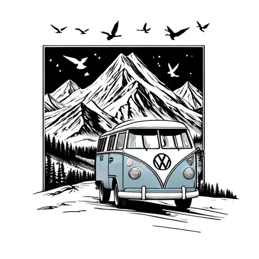 A Volkswagen Camper Van Driving Through A Mountain Range With A Family Of Birds Flying Overhead