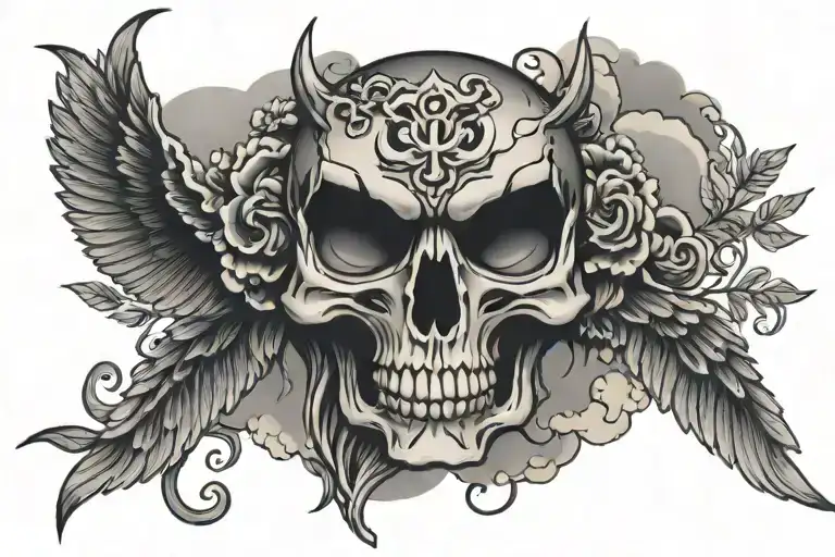 Skull Death Tattoo With Owl On Top And Japanese Clouds Black And Grey