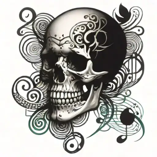 A Detailed Skull Surrounded By Intricate Music Notes And Symbols