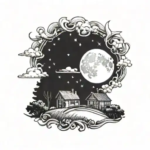 A Mystical Blackwork Tattoo Of A Crescent Moon Shining Over A Farm At Night