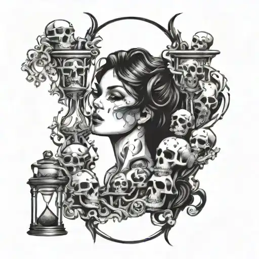 Sexy Woman Surrounded By Skulls Face Of Death Hourglass Rider