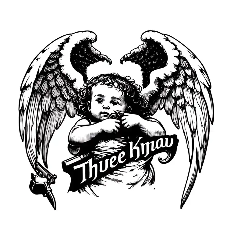 Chest Tattoo Saying Thwee Knyaw With An Baby Angel Holding Guns