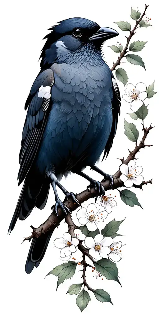 Jackdaw On A Flowering Hawthorn Branch Must Include Thorns
