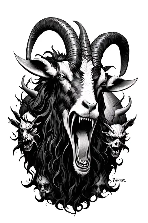 Demonic Goat With Horn With Demons Surrounding It With Ripped Jaws