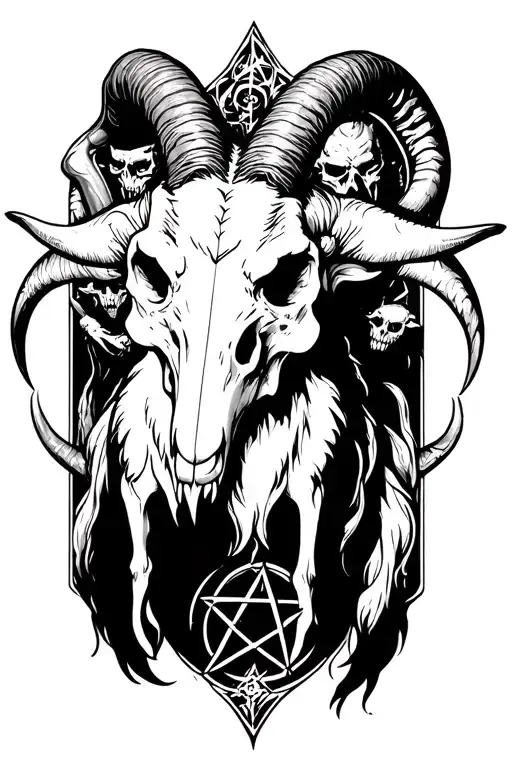 Demonic Goat With Horn Skull With A Pentagram Surrounded With Demons