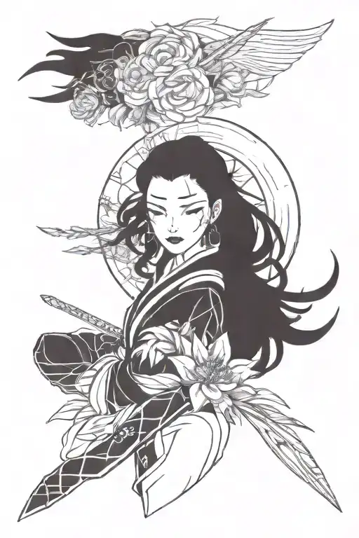 Nezuko In A Mask They Are With Flowers And A Red Moon And Thorns