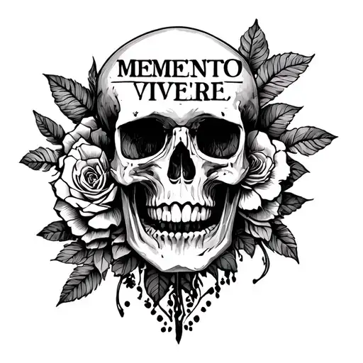 A Unique Tattoo Design Combining Skull And The Phrase Memento Vivere Without Flowers And Roses