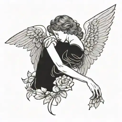 Angel With Wings Bowing Her Head Holding Rose