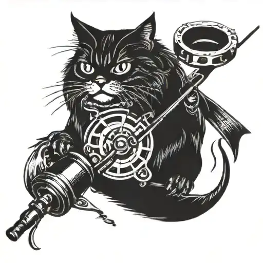 A Detailed Blackwork Tattoo Of A Fishing Rod And Reel Intertwined With A Goon Sack And A Mewing Cat