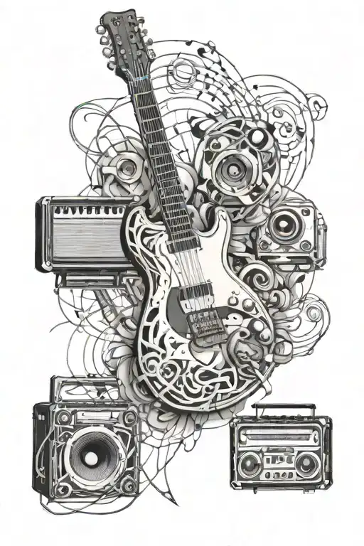 A Tattoo Design Featuring A Detailed Electric Guitar Surrounded By Musical Notes And Film Reels