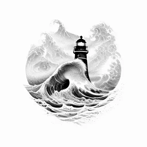 An Intricate Wave Pattern Crashing Against A Lighthouse