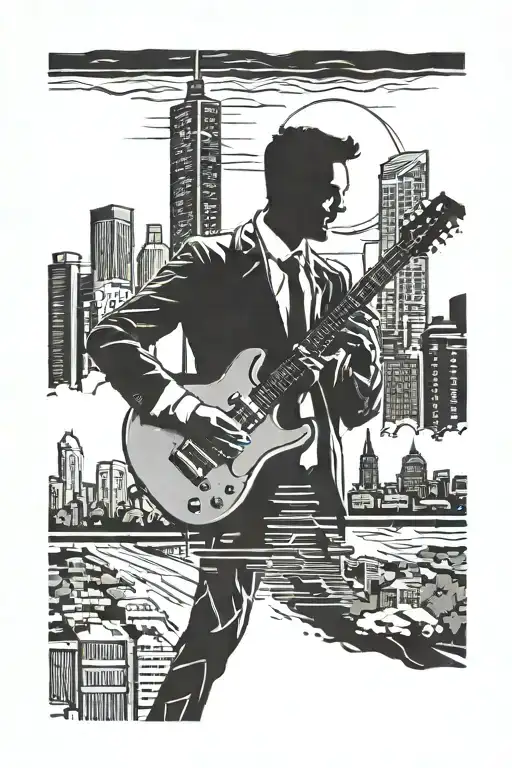 A Silhouette Of A Businessman Playing A Guitar In Front Of The Madrid Skyline