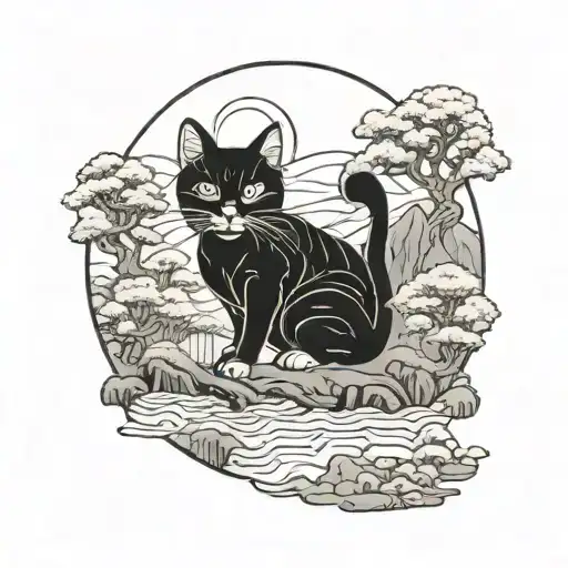 Japanese Mural Incorporating A Traditional Japanese Landscape With A Cat As A Focal Point