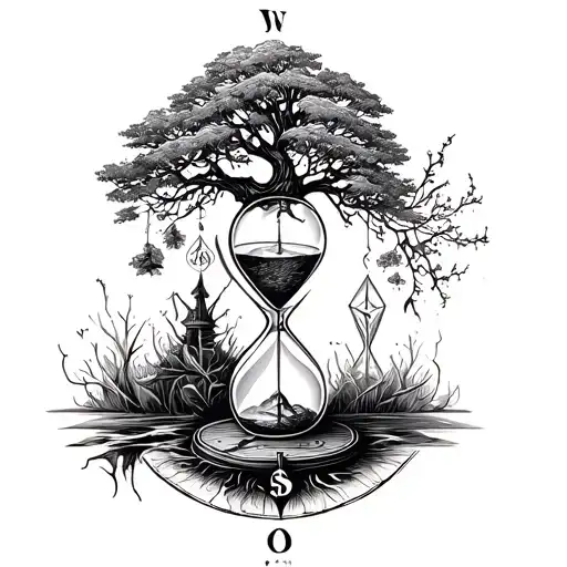 Compass And Hourglass With A Tree