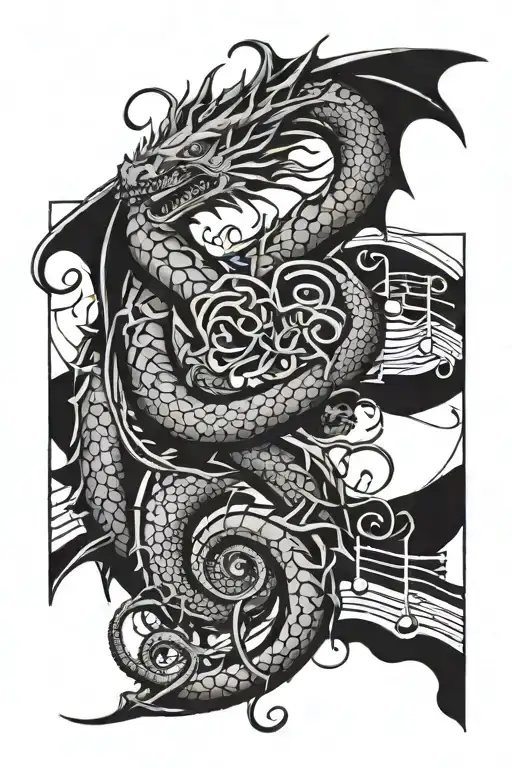 Dragon Intertwined With A Music Staff And Musical Notes